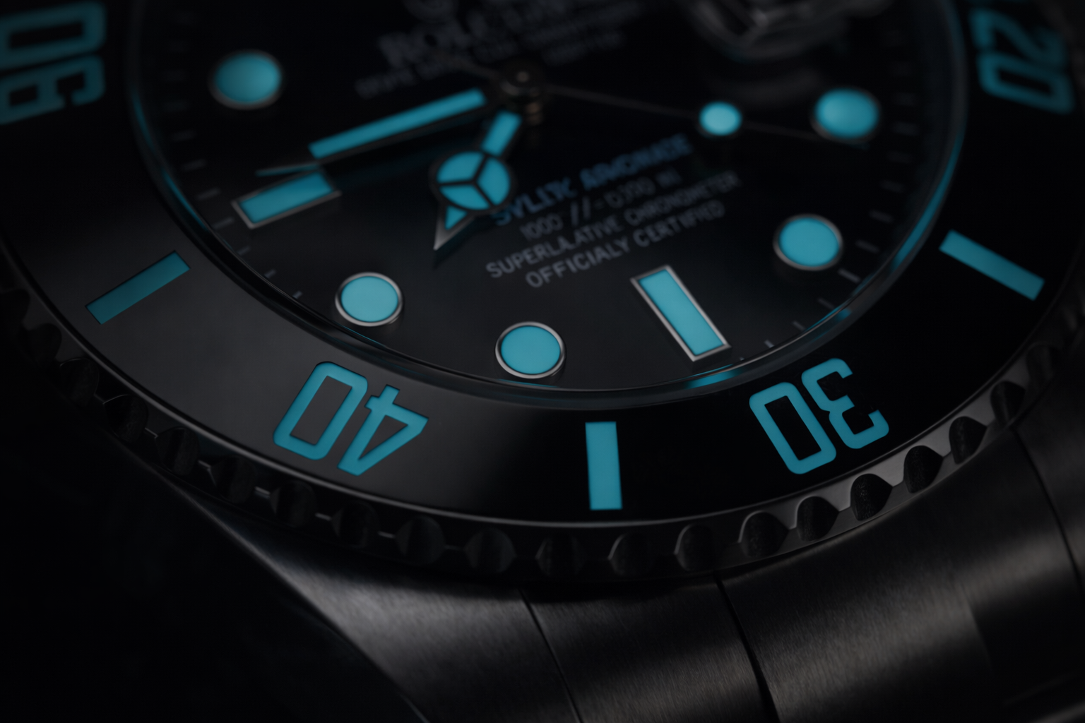 Wristwatch dial close-up with black background and teal luminous hour markers around a circular bezel