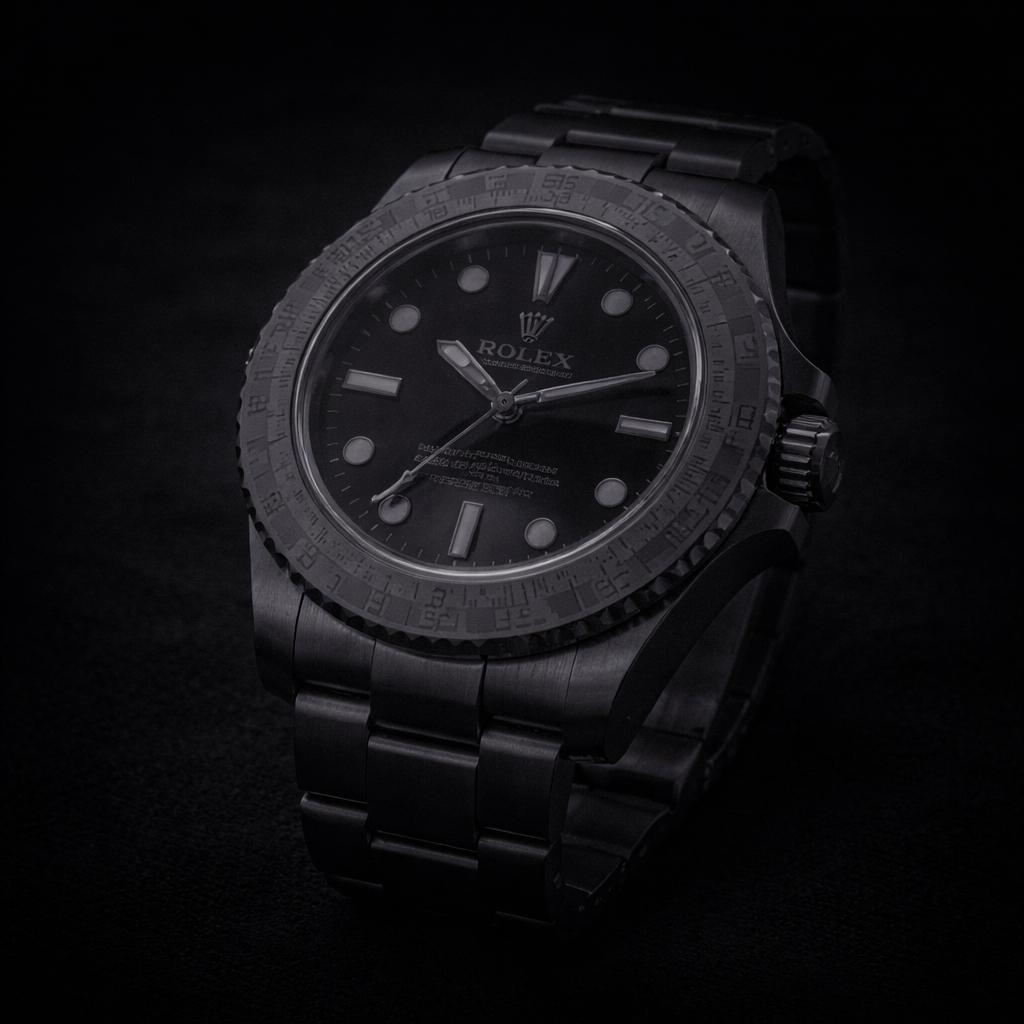 Black Rolex wristwatch with round dark dial, baton markers, and metal bracelet on a dark background