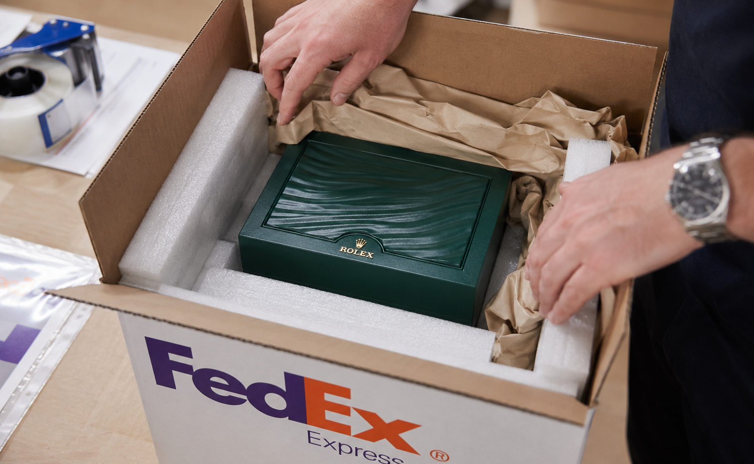 Person handling a Rolex watch box inside a FedEx packaging box.