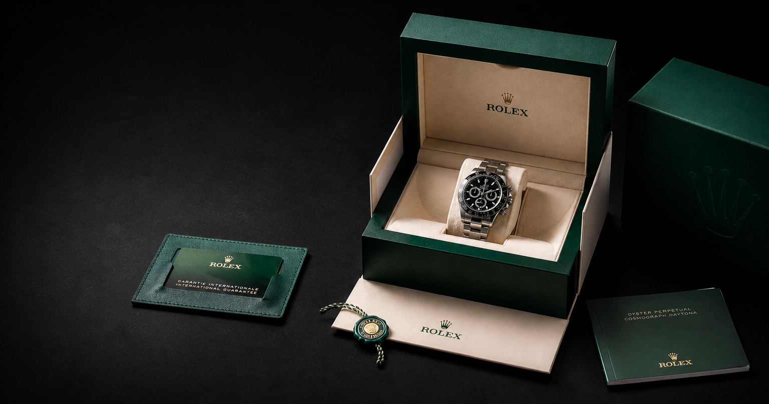 Rolex watch in an open box with accessories on a dark background