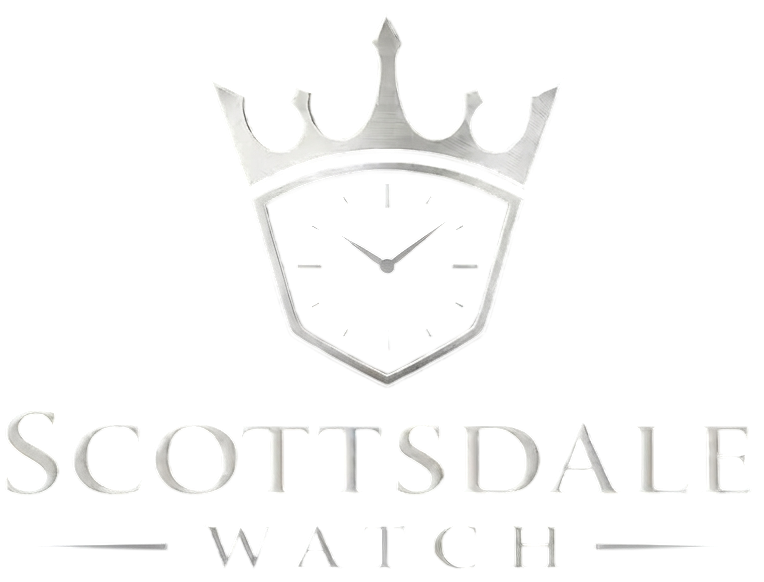 Logo of Scottsdale Watch with a silver shield and crown design on a clear background